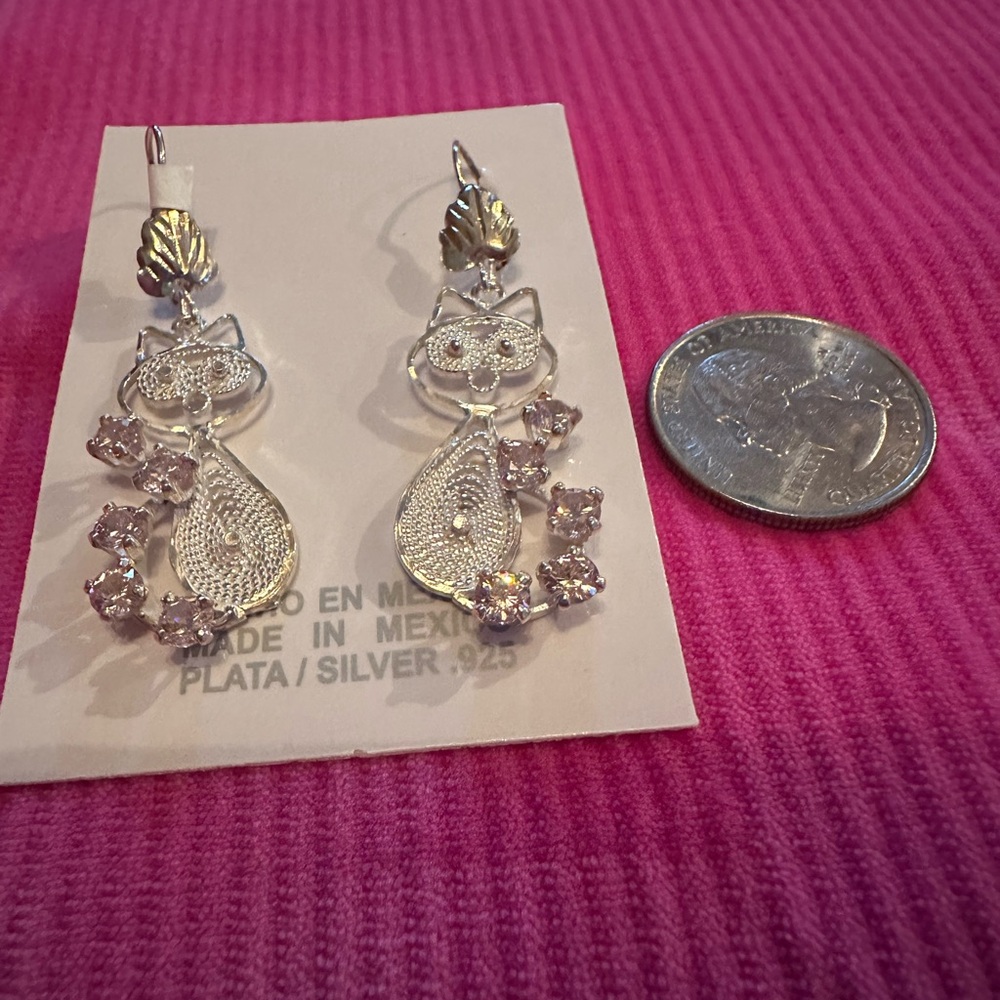 925 Sterling silver Taxco Mexico Cat Earrings with Pink Accents